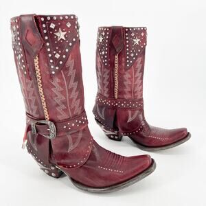 Rare Old Gringo Red Star Studded Belted Leather Western Cowgirl Boot size 7